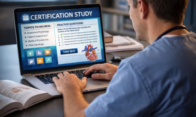 A medical professional reviewing certification study materials on a laptop, representing smart upskilling and budget-conscious career planning in 2026