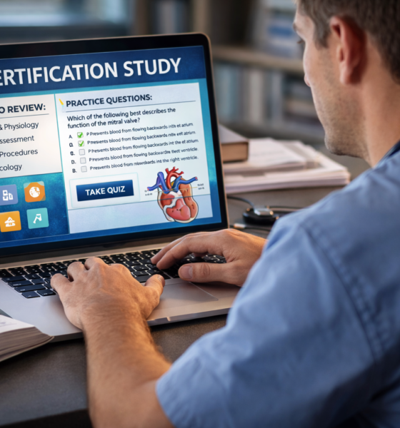 A medical professional reviewing certification study materials on a laptop, representing smart upskilling and budget-conscious career planning in 2026