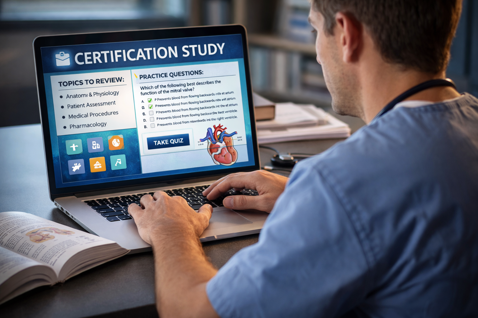 A medical professional reviewing certification study materials on a laptop, representing smart upskilling and budget-conscious career planning in 2026